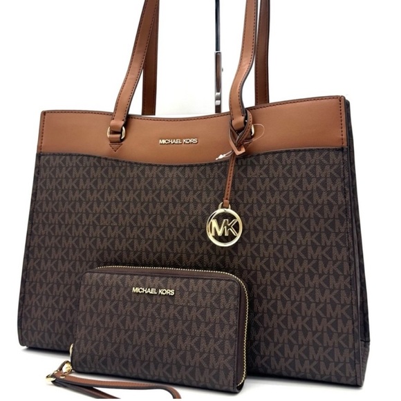Michael Kors Jet Set Large Signature Logo Tote Bag & Flat Phone Case Wallet Set - Picture 1 of 15